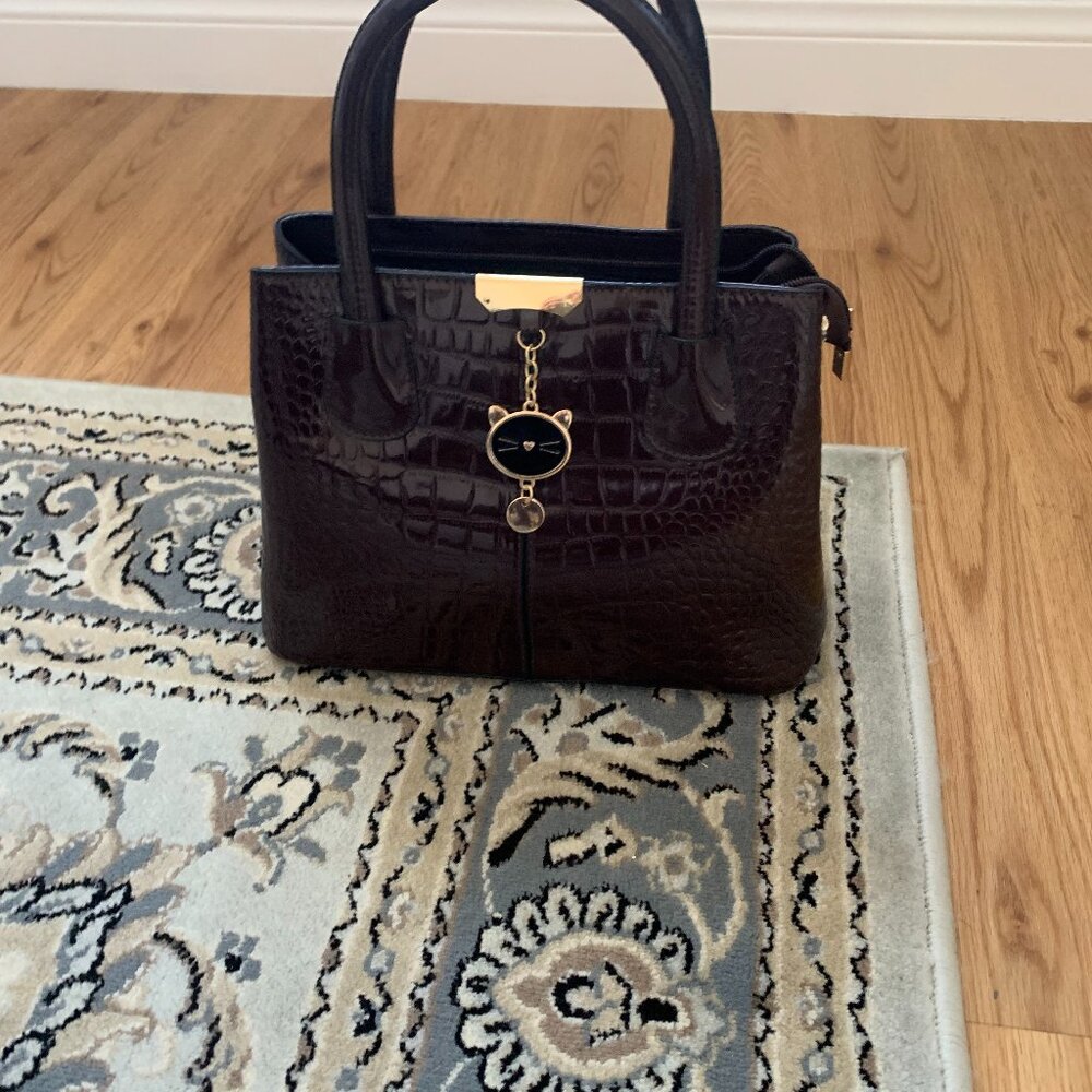 Brown patent leather purse with handles and strap, never used. Has a cute kitty